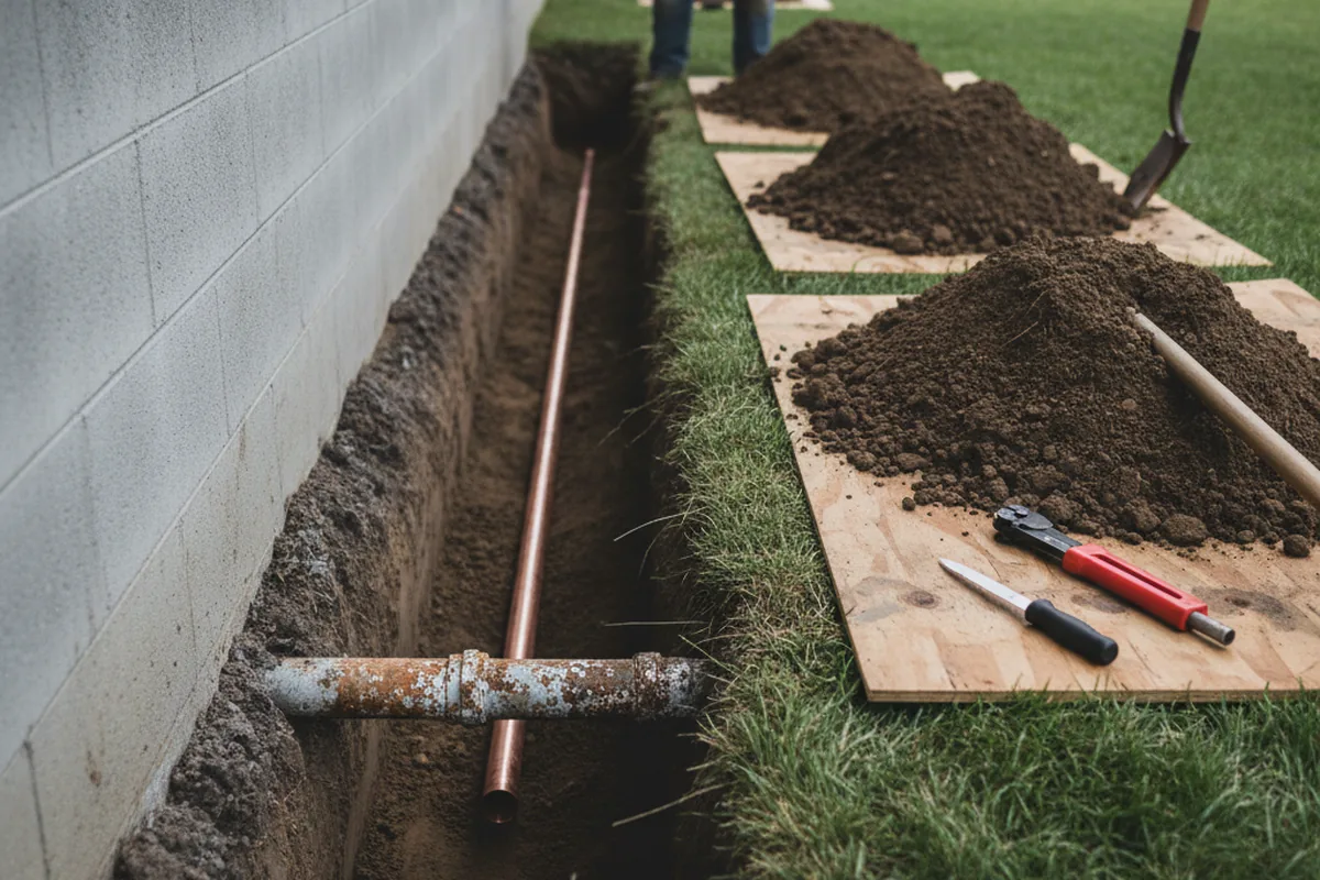 Excavated water line trench during Water Softener Installation in Rexburg